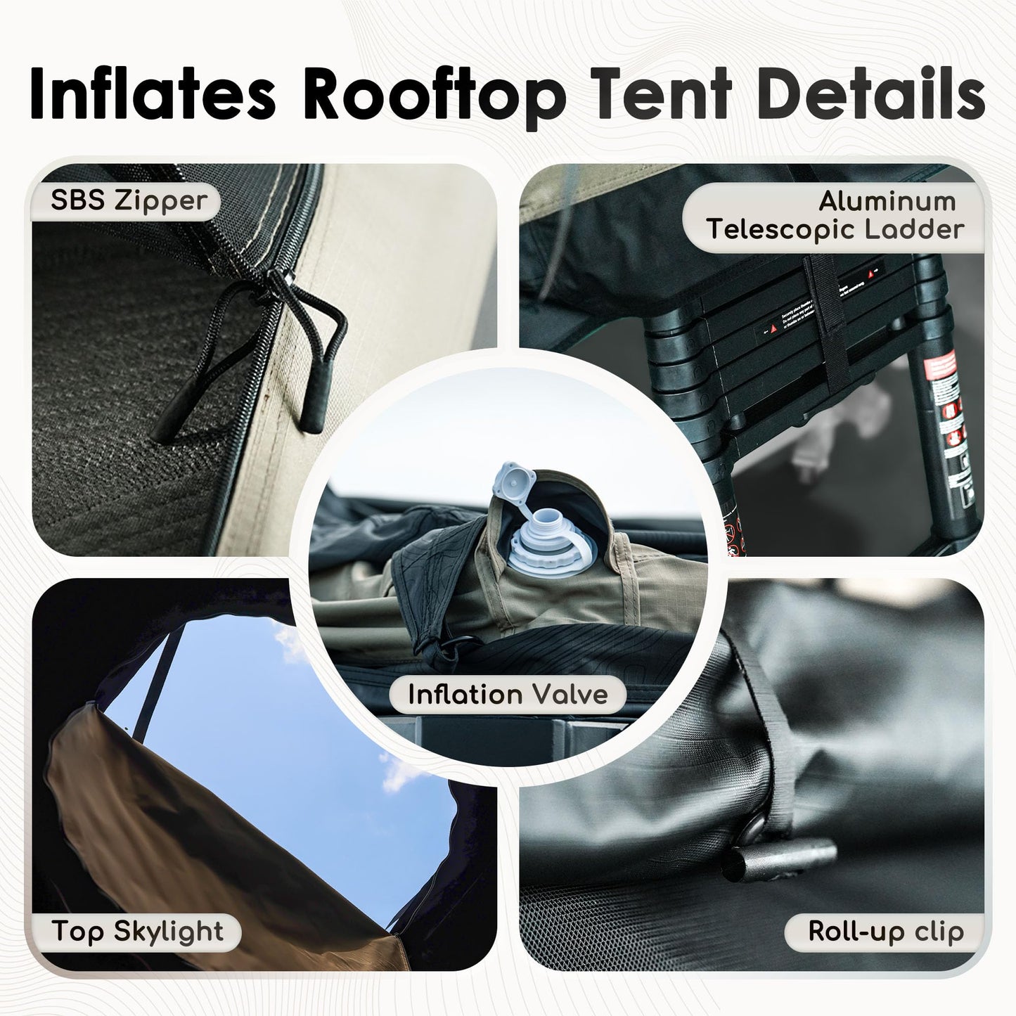 Inflate Rooftop Tent, Soft Shell Roof Top Tent for 2-3 Person, with Aluminum Telescopic Ladder, LED Strip Light, Skyview Window, Memory Mattress, for Car, Truck, Jeep, SUV, Van