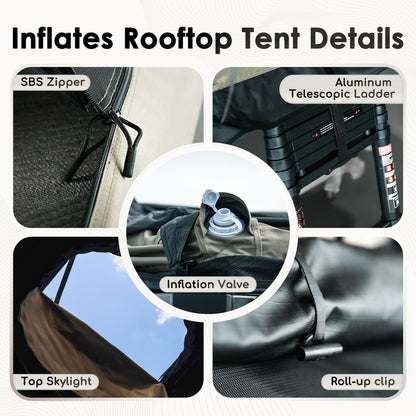 Inflate Rooftop Tent, Soft Shell Roof Top Tent for 2-3 Person, with Aluminum Telescopic Ladder, LED Strip Light, Skyview Window, Memory Mattress, for Car, Truck, Jeep, SUV, Van
