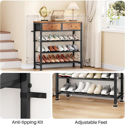 Kitstorack Shoe Rack - 4-Tier Organizer for 9-12 Pairs with 2 Drawers & Wooden Top | Rustic Brown