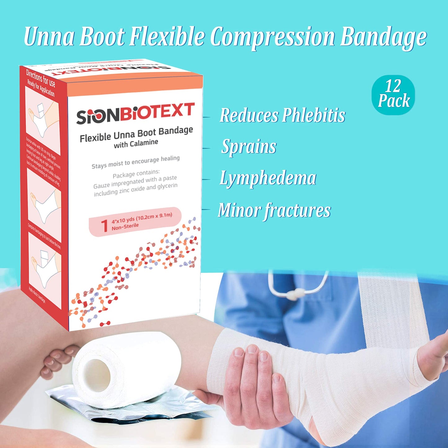 Sion Biotext Flexible Unna Boot Fabric Bandages with Zinc and Calamine, First Aid Kit Emergency Supplies, Ankle Brace Compression Bandage Wrap, Wound Care Supplies, 4 Inches X 30 Feet