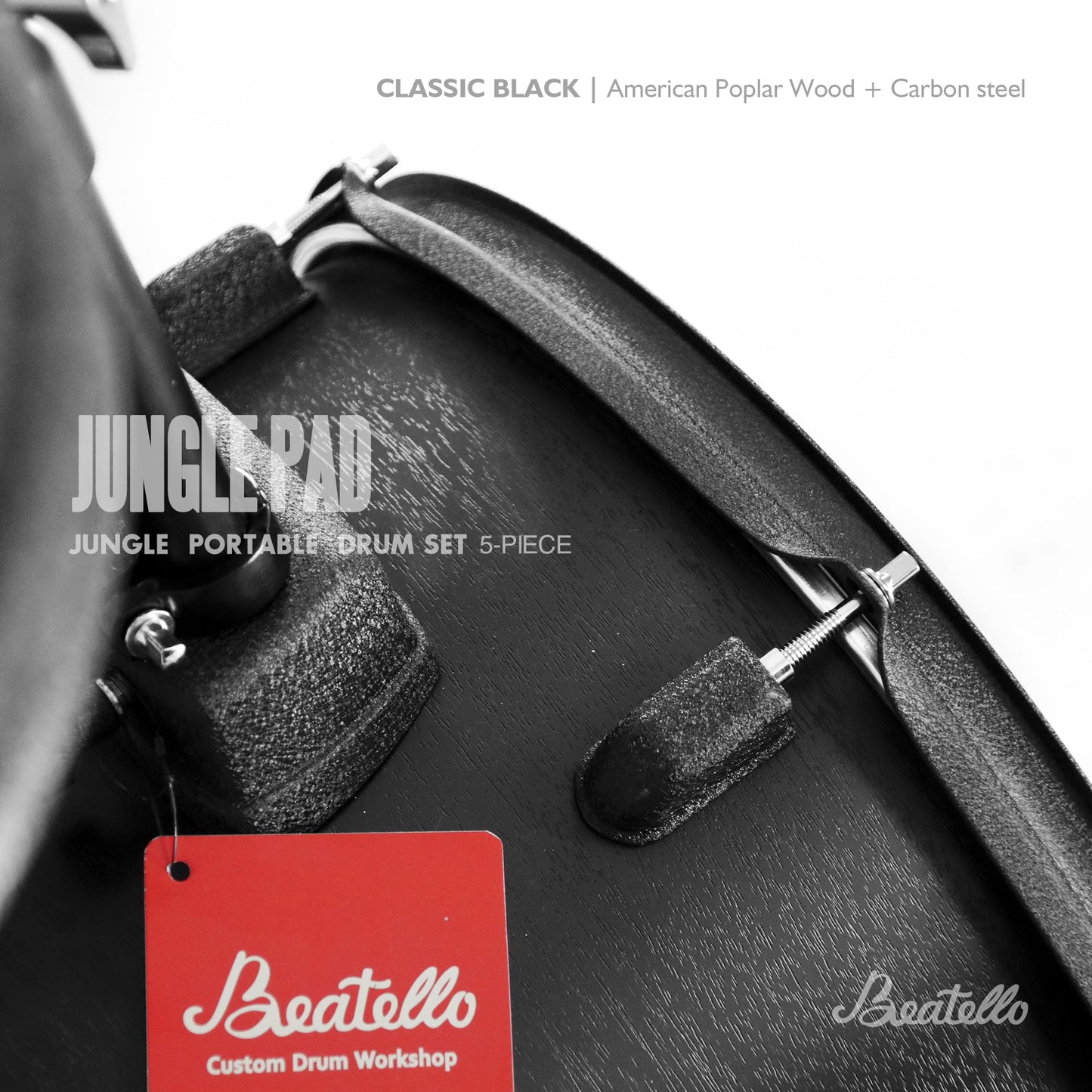 Beatello Jungle Pad Compact Portable Adult 5pc Drum Set, 1.5 inches ultra-thin steel drum Cavity,14 Inches Complete Full Size Kit with Bass, Toms, Snare, Floor,Stands, Hi-Hat Pedal,Drum Pedal,Black