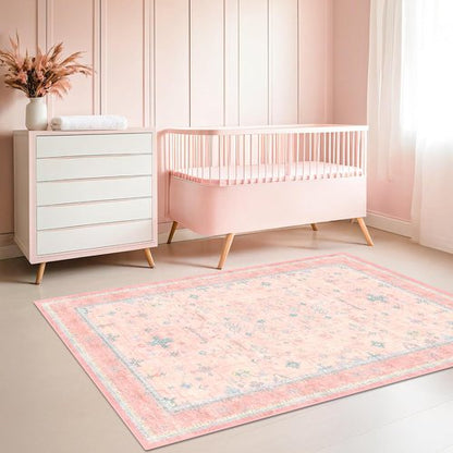 Hazo Haus Nursery Area Rug - Charming Pink Boho Vintage Design | Washable 4x6 Non-Slip Rug for Kids Rooms