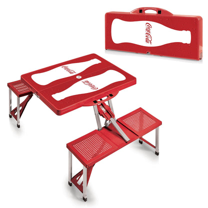 Picnic TIME Coca-Cola Bottle Folding Picnic Table with Seats, Collapsible Aluminum Table and Bench Set with Umbrella Hole, Lightweight Portable Table for Camping, Travel, Tailgating, Backyard, (Red)