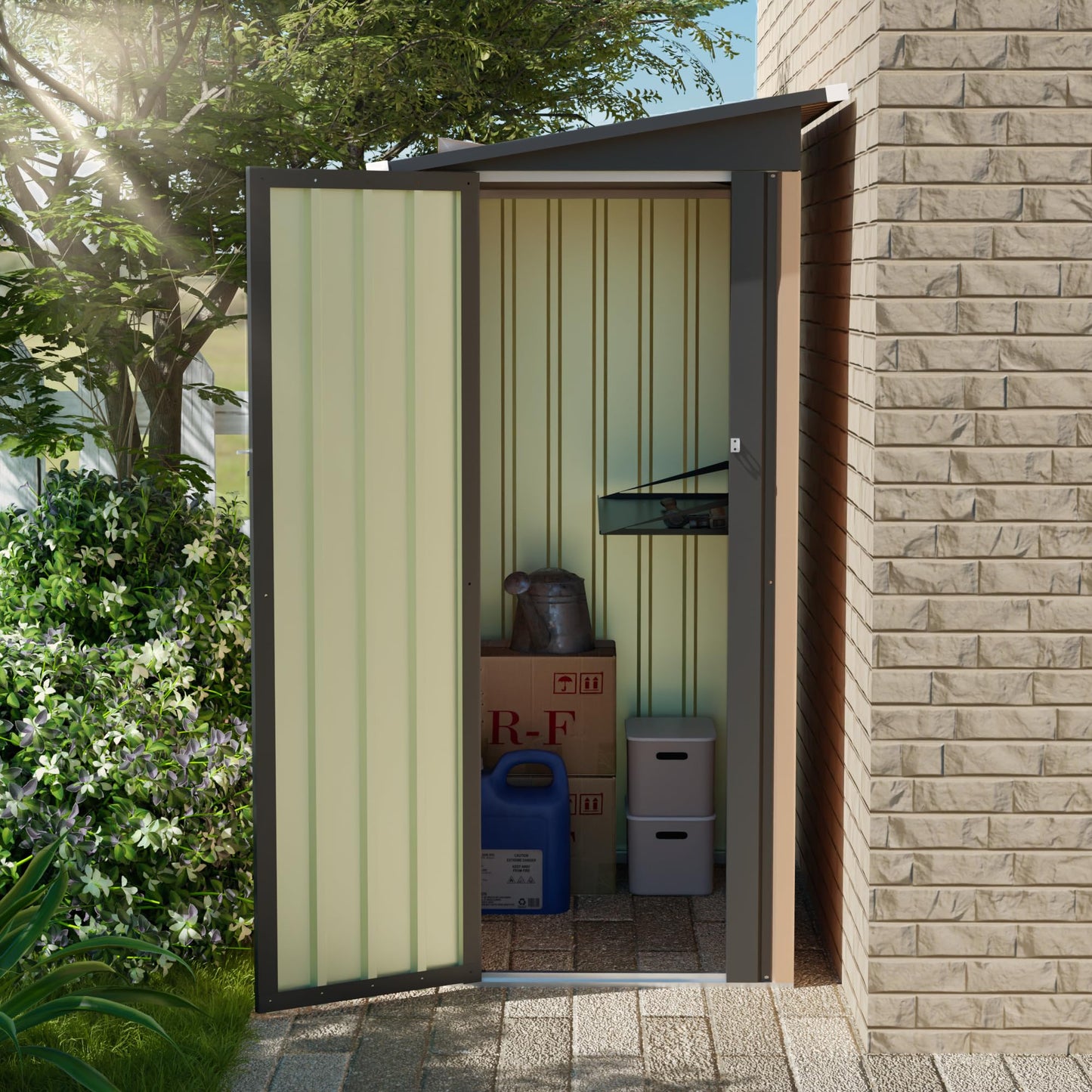 KEIKI 4.27x2.42 FT Lean-to Metal Storage Shed, Outdoor Garden Storage Cabinet w/Pent Roof & Lockable Door, Backyard Storage House w/Side Hinged Door for Patio Lawn Equipment Bike Storage, Brown