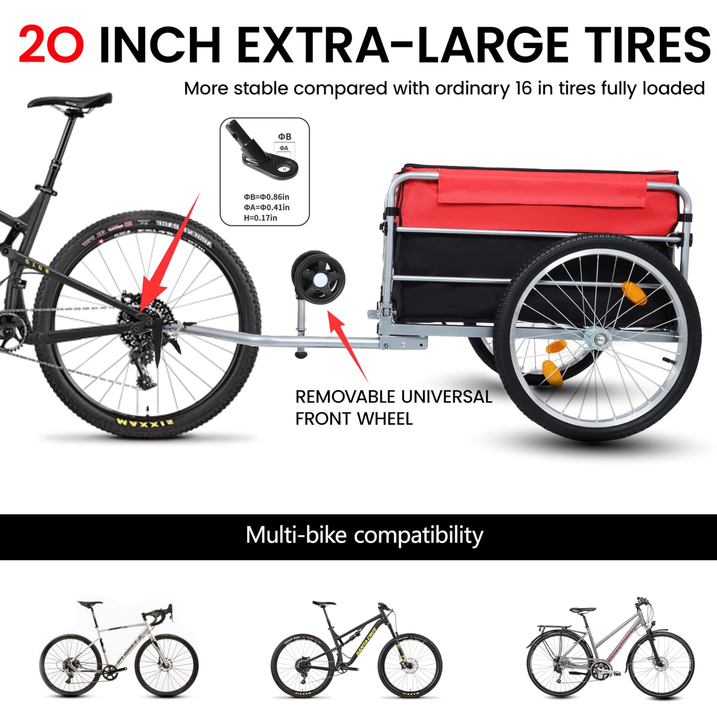 KEIKI Bike Cargo Trailer, Aluminum Luggage Cart, Heavy Duty 220 lbs Bicycle Wagon Cart, Folding Groceries Hauler with Safe Hitch System, Removable Cover, Oxford Fabric for Cycling Travel, Black+Red