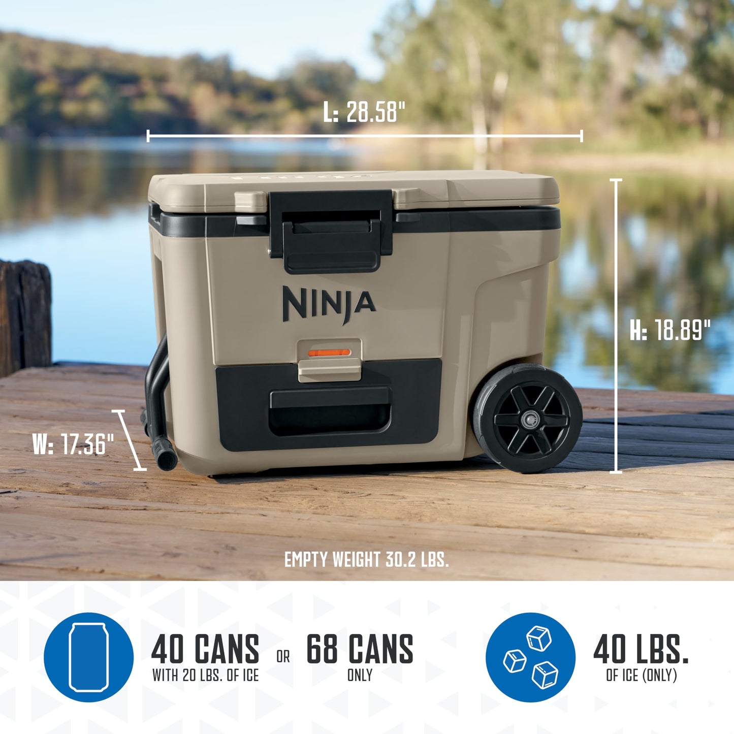 Ninja | Cooler | FrostVault 45QT Cooler with Wheels | Insulated with Temp Dry Storage Drawer | Keeps Ice Cold for Days | for The Beach, Camping, Picnics & More | Birch Beige | FB245CS