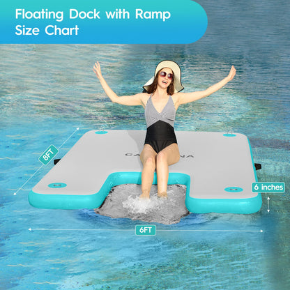 CALOBANA 8ft×6ft Inflatable Floating Dock with Dog Ramp, Float Island with Boat Ramp for Adults & Pets, Heavy Duty Lake Dog Raft Dock Platform with Ladder for Sea or River,Party,Grey+Mint Green