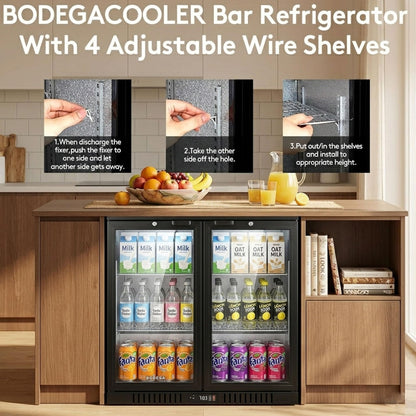 BODEGACOOLER 35.4 Inch Under Counter Beverage Refrigerator, 2 Door Back Bar Cooler, Dual Zone 32–50°F, 7.4 Cu.Ft Built-in or Freestanding Glass Door Fridge with LED Lighting, Holds 216 Cans/62 Bottles
