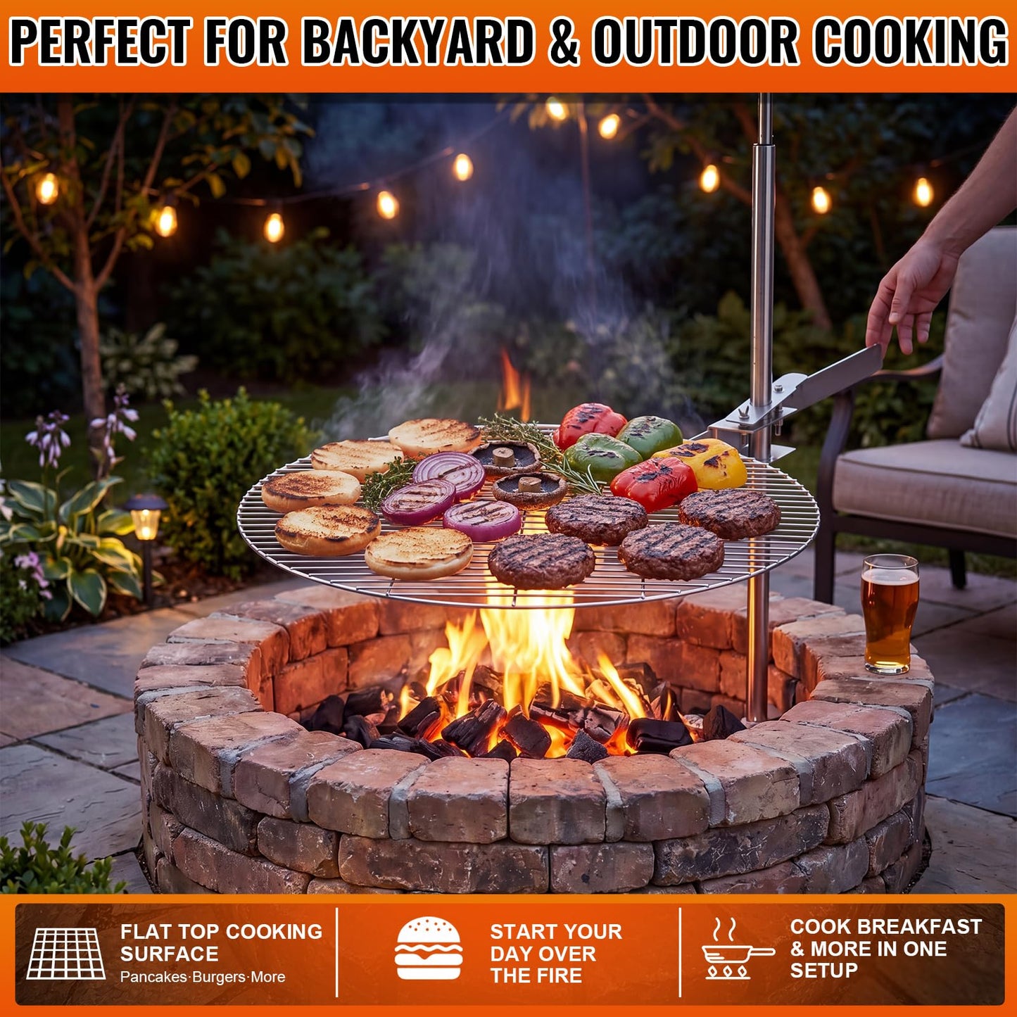 Ferrochef 24" Fire Pit Campfire Grill Grate, 24" Foldable Open Fire Cooking Grill Grate Portable Stainless Steel Camping Cooking Barbecue Rack Heavy-duty, Easy Setup & Adjustable Height for Outdoor