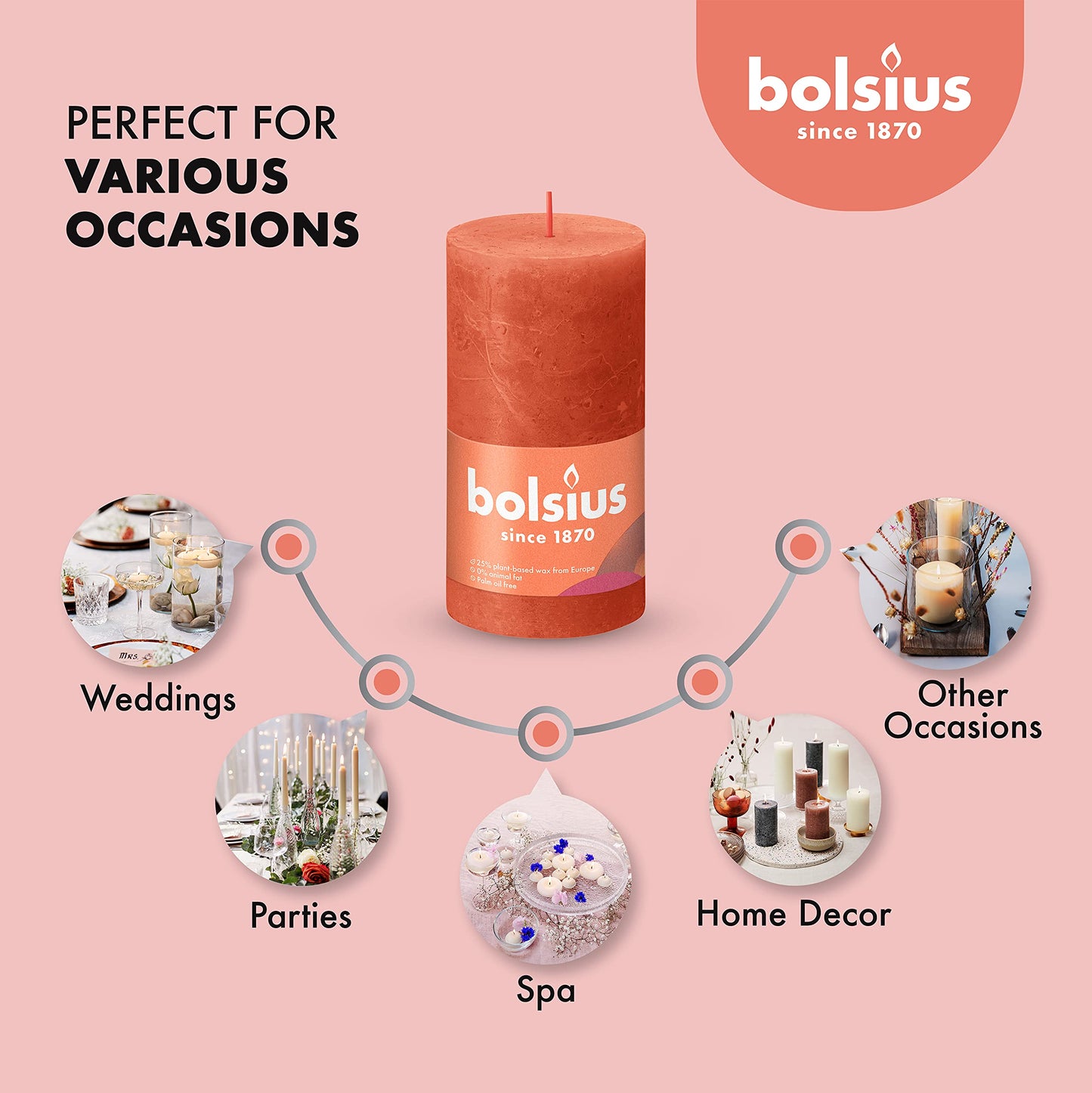 BOLSIUS 4 Pack Orange Rustic Pillar Candles - 2.75 X 5 Inches - Premium European Quality - Includes Natural Plant-Based Wax - Unscented Dripless Smokeless 60 Hour Party Décor and Wedding Candles