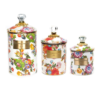 MACKENZIE-CHILDS Enamel Canisters, Versatile Kitchen Storage Containers, Small (38 oz.), Medium (48 oz.), and Large (64 oz.), Set of 3, White Flower Market