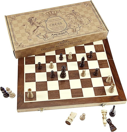 AMEROUS Chess Set 15x15 Folding Magnetic Wooden Standard Chess Game Board Set with Wooden Crafted Pieces and Chessmen Storage Slots