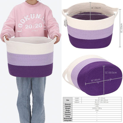 Sea Team Oval Large Cotton Rope Woven Storage Basket with Handles, Diaper Caddy, Baby Shower Basket, Nursery Nappies, Clothes Toys Organizer for Kid's Room, 16 x 13 inches, White & Lavender