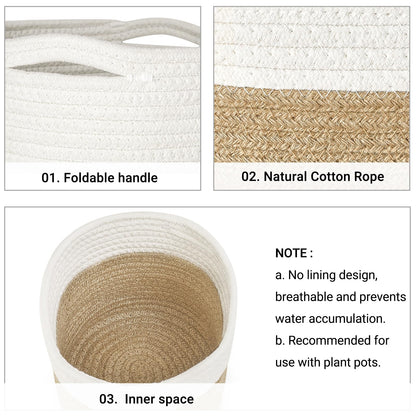 Dahey Small Cotton Rope Plant Basket Woven Plant Coiled Basket for Up to 7" Planter, Decorative Flower Pot Cover Closet Storage Bin Table Desk Organizer for Home Decor, White and Beige