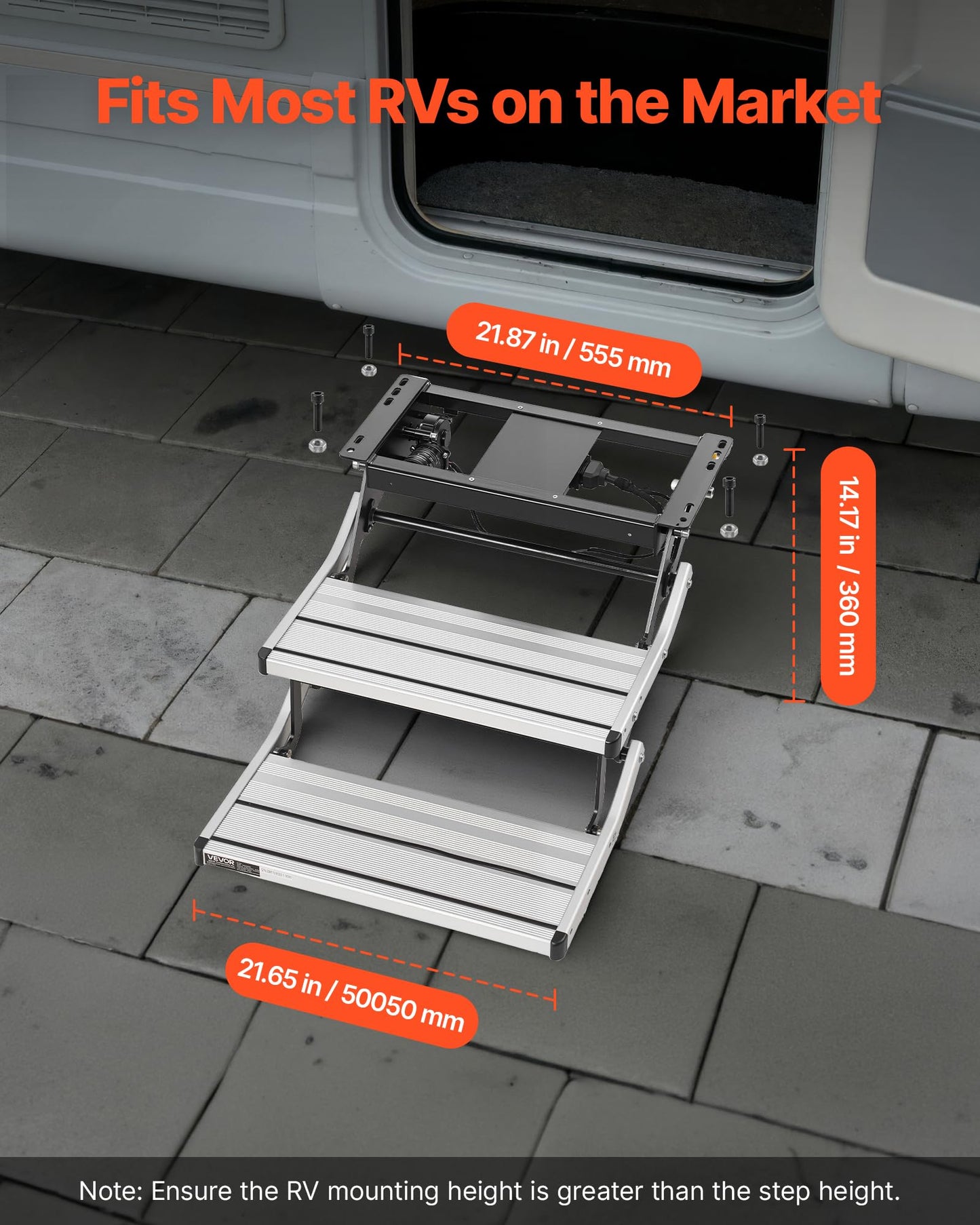 VEVOR RV Steps, 2-Step, 440 lbs Load Capacity, Electric Retractable RV Stairs, Telescopic Folding Aluminum Alloy Camper Steps, Steel Frame Non-Slip Entry Stair for Camper Van Motorhome Travel Trailer