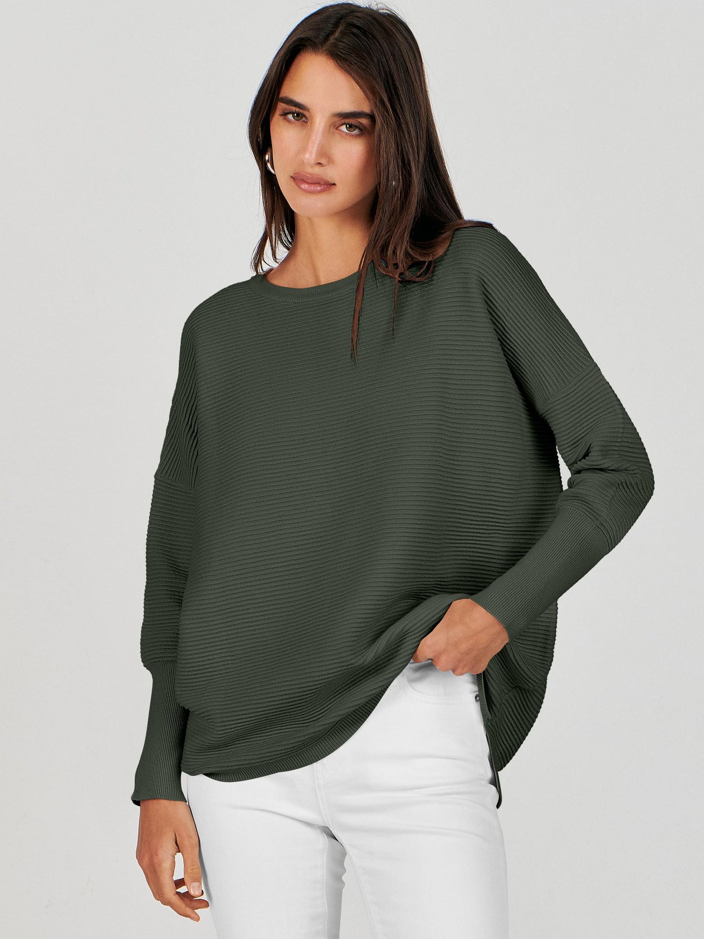 ANRABESS Womens Oversized Batwing Long Sleeve Ribbed Knit Sweaters 2025 Fall Outfits