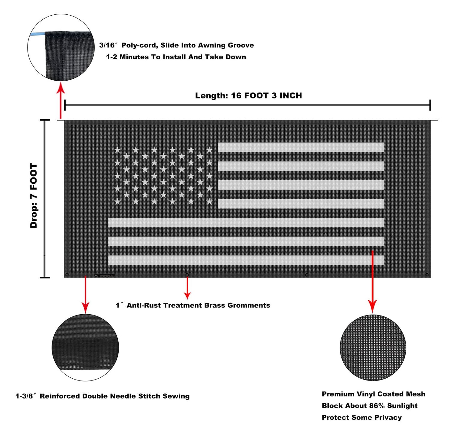 Tentproinc RV Awning Sun Shade Screen 7' X 16' 3'' (American Flag) Black Mesh Sunshade Camper Trailer Awning Shade Screen UV Blocker Completed Kits