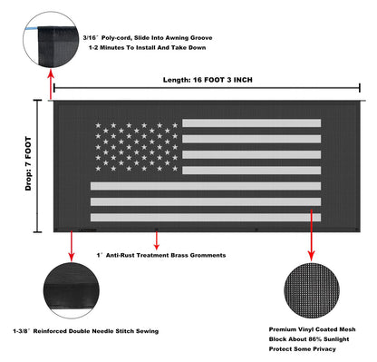 Tentproinc RV Awning Sun Shade Screen 7' X 16' 3'' (American Flag) Black Mesh Sunshade Camper Trailer Awning Shade Screen UV Blocker Completed Kits