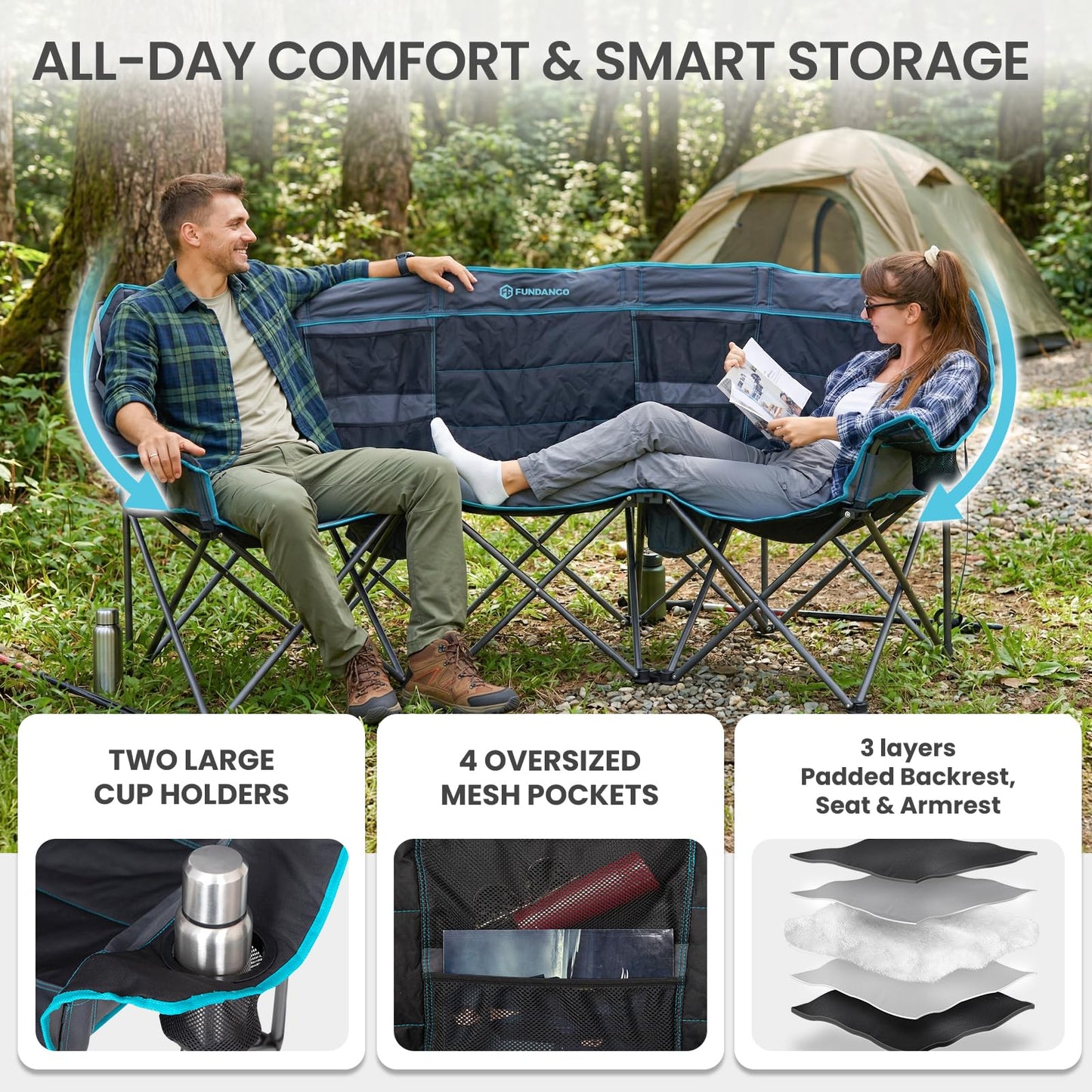 FUNDANGO Extra Wide 3 Person Camping Chair for Adults with Cooler, 1000 LBS Heavy Duty Oversized Camp Couch, Padded Folding Seat with Cup Holders for Outdoor, Sports & Lawn