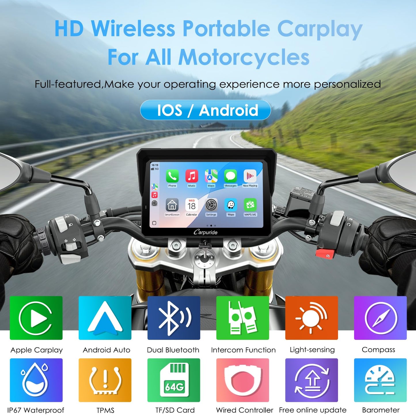 Carpuride W702S PRO Motorcycle GPS Wireless Carplay/Android Auto, 7" Waterproof Motorbike Touch Screen, with BM05 Mount, Bluetooth Trans, Wired Controller, Navigation