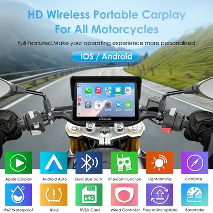 Carpuride W702S PRO Motorcycle GPS Wireless Carplay/Android Auto, 7" Waterproof Motorbike Touch Screen, with BM05 Mount, Bluetooth Trans, Wired Controller, Navigation