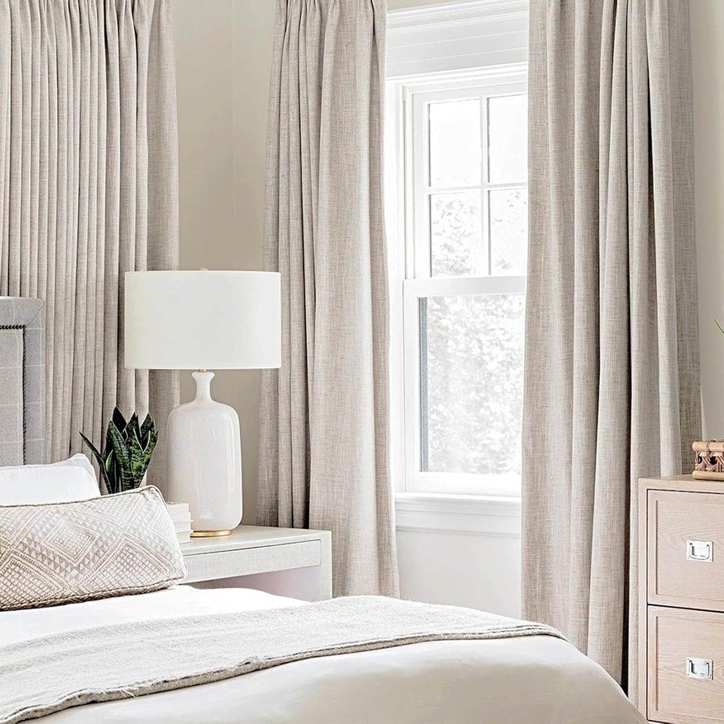 MIULEE 100% Blackout Linen Textured Curtains - Thermal Insulated Ivory Drapes | Luxury Room Darkening 52 x 45 Inch (2 Panels)