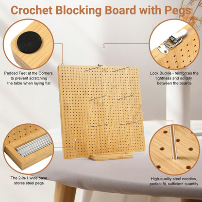 Aulin 15.5"" x 15.5"" Foldable Crochet Blocking Board with Pegs | 35 Stainless Steel Rod Pins - Upgrade Large Blocking Boards for Crochet Projects, Gifts for Crocheters, Mothers, Grandmothers