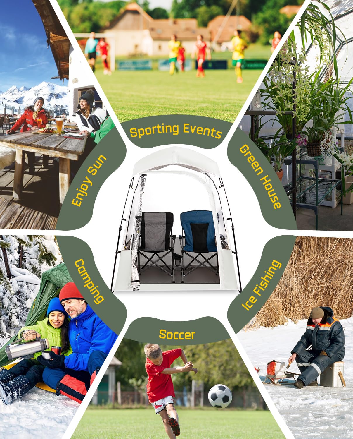 LANGWILL Pod All Weather Sports Tent, Outdoor Pop Up Bubble Clear 540° View Winter Tent for 1-2 Person, Instant Cold Weather Shelter with Rainfly for Soccer, Football, Softball & Other Sports Events