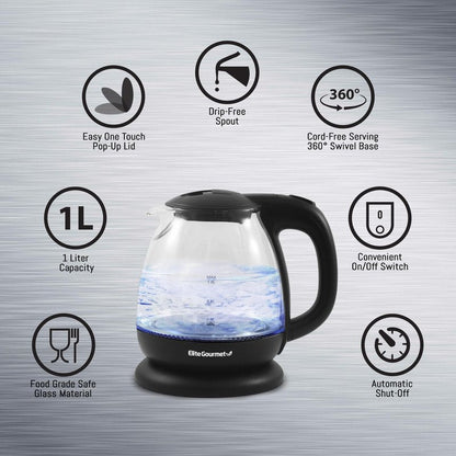 Elite Gourmet EKT1024 1L Electric Glass Tea Kettle, BPA-Free Hot Water Boiler with Blue LED, Fast Boil & Auto Shut-Off, Black