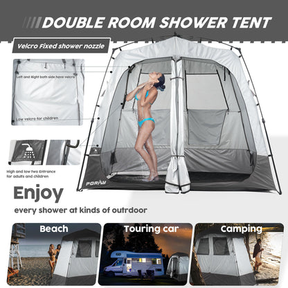 Porayhut Portable Camping Shower Tent Deluxe Changing Room Easy Set Up Privacy Shelter,Large Toilet Tent 2 Rooms with Floor Drain Design for Beach, Camping,Hiking with Stakes and Ropes for Stability