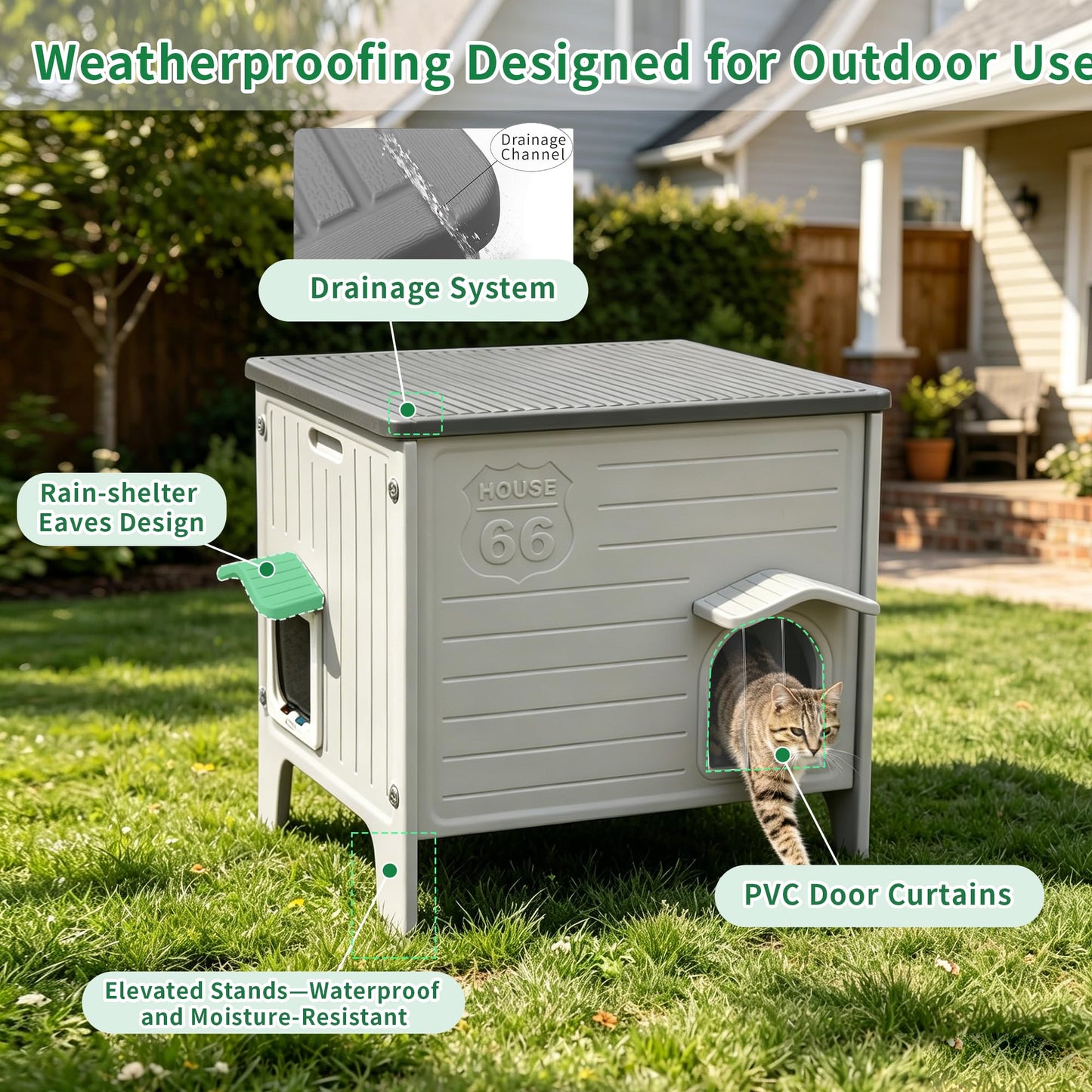 Rockever Outdoor Cat House for Summer, Elevated Waterproof Pet Shelter with Breathable Insulated Liner, Comfortable Outdoor Cat Home with Escape Door, All-Season Shelter for Cats (M,Grey&Heating Pad)