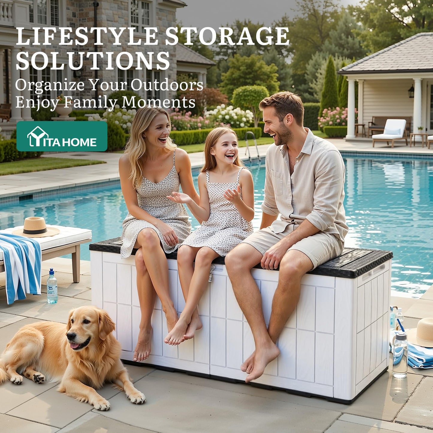 YITAHOME 134 Gallon Large Outdoor Storage Box with Lock, Waterproof Resin Deck Box w/Hydraulic Piston for Garden Tools, Pool Accessories & Cushions(Black & Grayish-White)