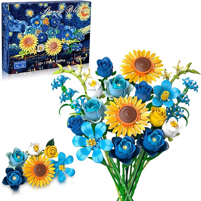 Blue Rose Flowers Valentines Gifts - Bouquet Building Set Compatible with Lego Flowers for Adults Women Van Gogh's Starry Night and Sunflowers Style Christmas Mother's Day Home Decor