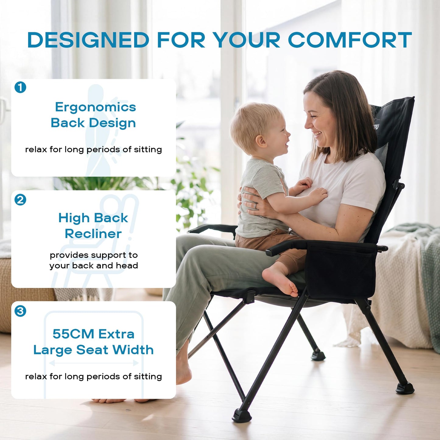 ARURU Reclining Camping Chair for Adults Heavy Duty, Folding Recliner Lawn Chairs with 6-Positions Adjustable High Back, Portable Patio Lounge Chairs for Outdoor Poolside Sports Beach