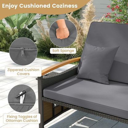 Tangkula Patio Rattan Daybed with 4-Level Adjustable Backrest, Outdoor Wicker Loveseat with Acacia Wood Armrest, Storage Ottoman & Folding Tray, Double Sunbed for Lawn Yard & Poolside, Grey & Brown
