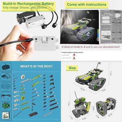 BIRANCO. Remote Control Tracked 3in1 Stunt Racer Building Kit - RC Car STEM Construction Toy Gift Idea for Kids Boys and Girls Ages 8-12 Year Old (353 Pcs)