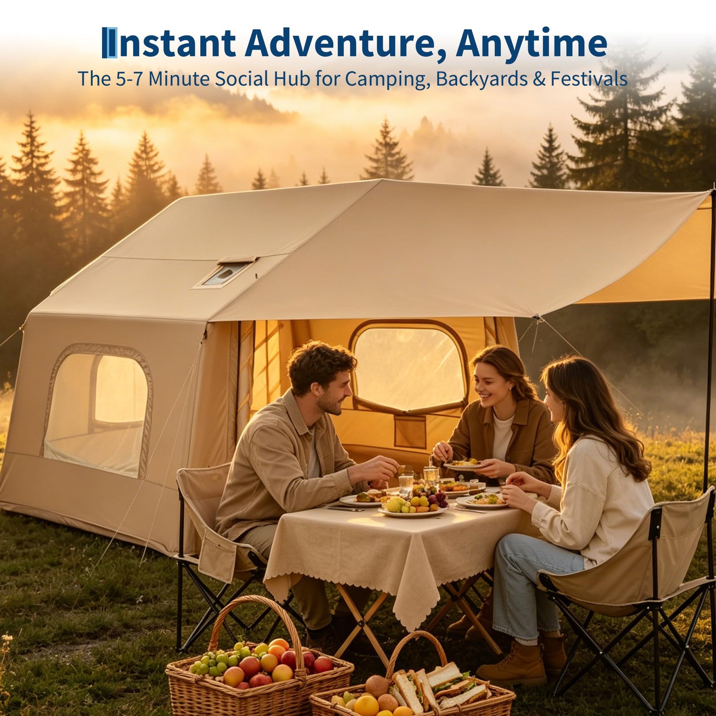Inflatable Camping Tent for 3-5 Person, Quick Setup Blow Up Tent with Canopy, Waterproof 4 Season Air Glamping Tent with Skylight, Mesh Windows & Stove Jack, for Camping, Beach, Outdoor