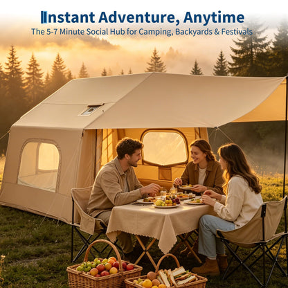 Inflatable Camping Tent for 3-5 Person, Quick Setup Blow Up Tent with Canopy, Waterproof 4 Season Air Glamping Tent with Skylight, Mesh Windows & Stove Jack, for Camping, Beach, Outdoor