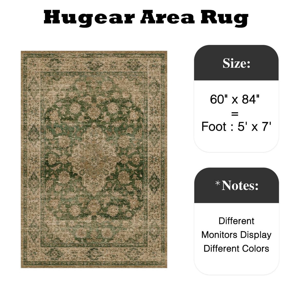 HUGEAR Retro Green Area Rug 5x7 Machine Washable Living Room Rugs Distressed Vintage Floral Low Pile Carpet Bedroom Office Dining Room Laundry Room Non Slip Soft Lightweight