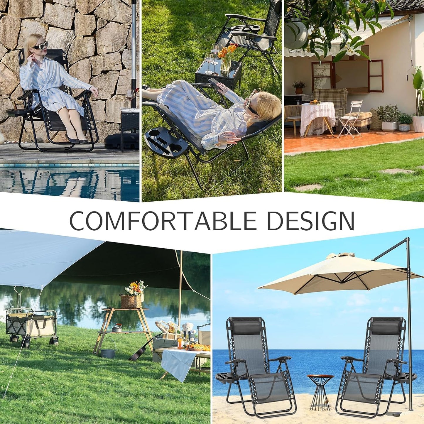 Alpen Zero Gravity Lounge Chair Set of 2, Patio Chair Folding Lounge Chairs for Outside, Portable Camping Chairs with Pillow and Cup Holder, Outdoor Recliner for Beach Outdoor Camping, Black