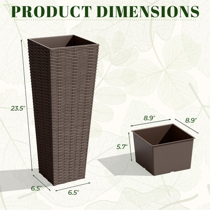 JUMMICO Set of 2 Resin Rattan Tall Planters for Outdoor Plants, Large Tapered Planters with Drainage Holes&Inner Trays, Flower Pots for Garden, Patio, Porch, Backyard (Brown, 24'')