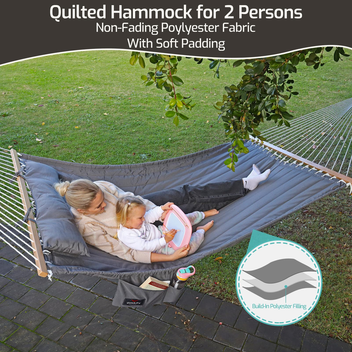 CHULIM Double Quilted Fabric Hammock with Hardwood Spreader Bars and Pillow 450 LBS Capacity 2 Person Large Hammock for Outdoor Patio Backyard Poolside - Green