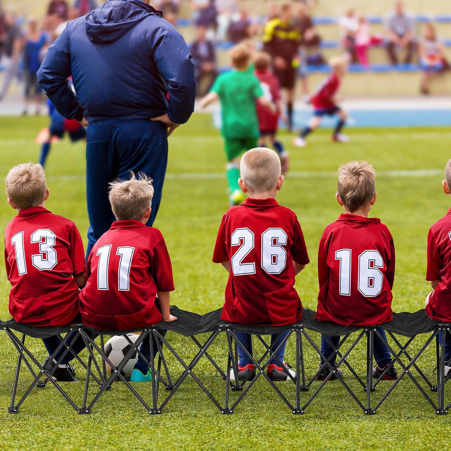 GlikCeil 9 Seats Black Folding Soccer Team Bench Seat Portable Sports Team Bench Unfolded Sideline Chair Playing Field Bleachers for Football Outdoor Sports Events with Storage Bag, No Assembly