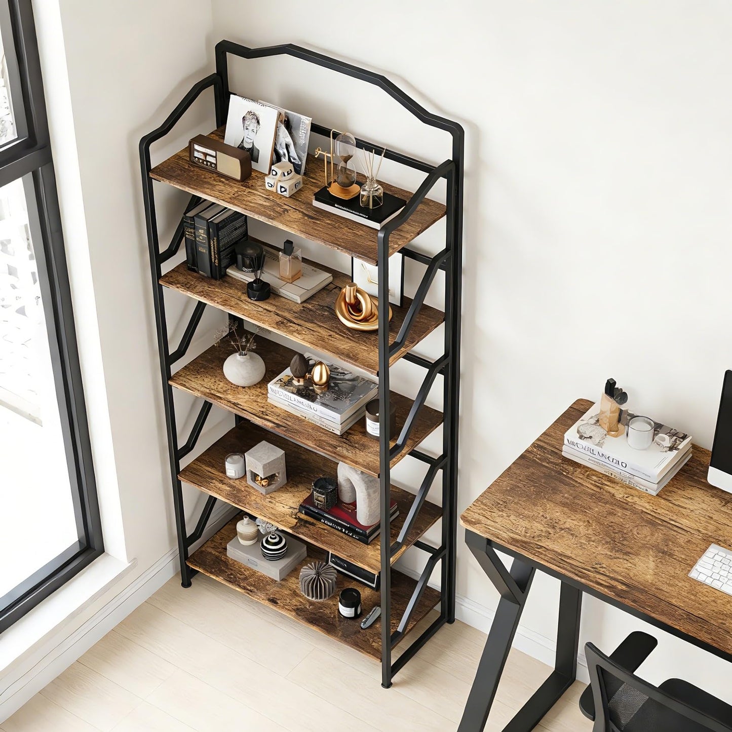 JSB 5 Tier No Assembly Folding Bookshelf, Foldable Storage Bookcase for Home Office, Space-Saving Storage Shelf for Living Room, Bedroom (Rustic Brown, 5-Tier)