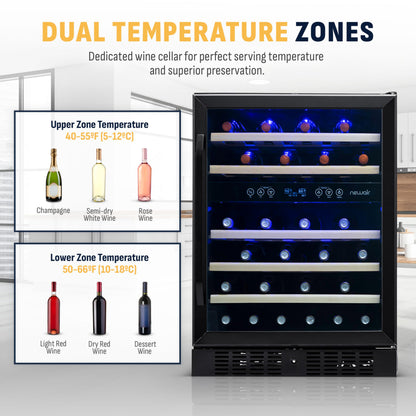 NewAir 24" Dual Zone Wine Fridge for 46 Bottles | Built-In or Freestanding Wine Cooler Refrigerator with Glass Door | Quiet Cooling & Adjustable Shelves for Red and White Wine | Black Stainless Steel