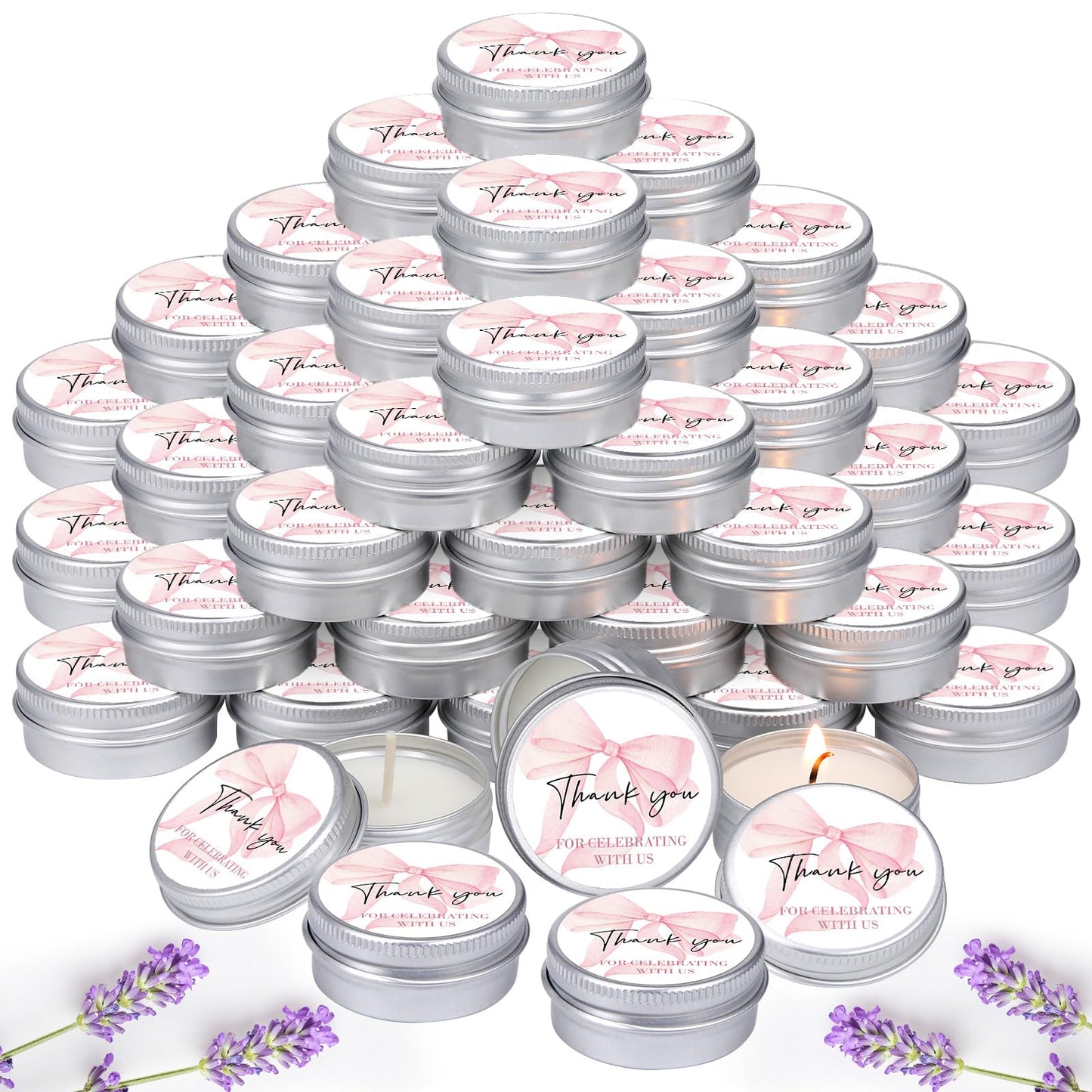 MTLEE 50 Pcs Bow Baby Shower Favors Scented Candles Gift Travel Tin Candle Aromatherapy Candle Favors for Baby Shower Wedding Gifts Compound Scent Essential Oil 1.57 x 0.67''