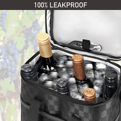 opux 6 Bottle Carrier Tote | Insulated Padded Wine Cooler Bag for Travel. Picnic, BYOB | Portable Leakproof Wine Tote Bag for Dinner, Party, Christmas, Wine Gift for Women, Men (Black Square)