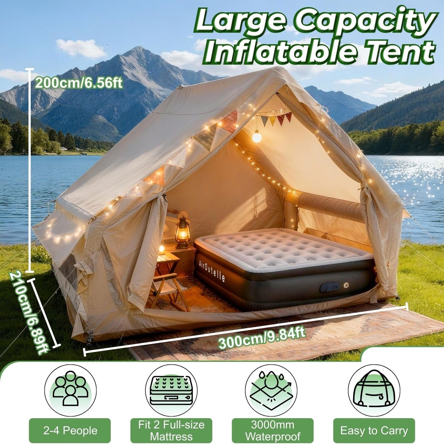 AirOutelle 4-6 Person Inflatable Air Tent - 4 Season Family Camping Tent with 3000mm Waterproof & Quick Setup Under 5 Mins, Includes Manual Pump, Storage Bag & Stakes