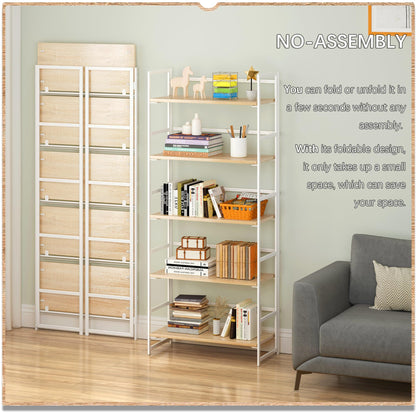 4NM No Assembly 5 Tier Collapsible Book Shelves, 51.2" H x 23.6" W Folding Bookshelf Bookcase Open Industrial Foldable Shelf for Bedroom, Living Room, Home Office - Natural White