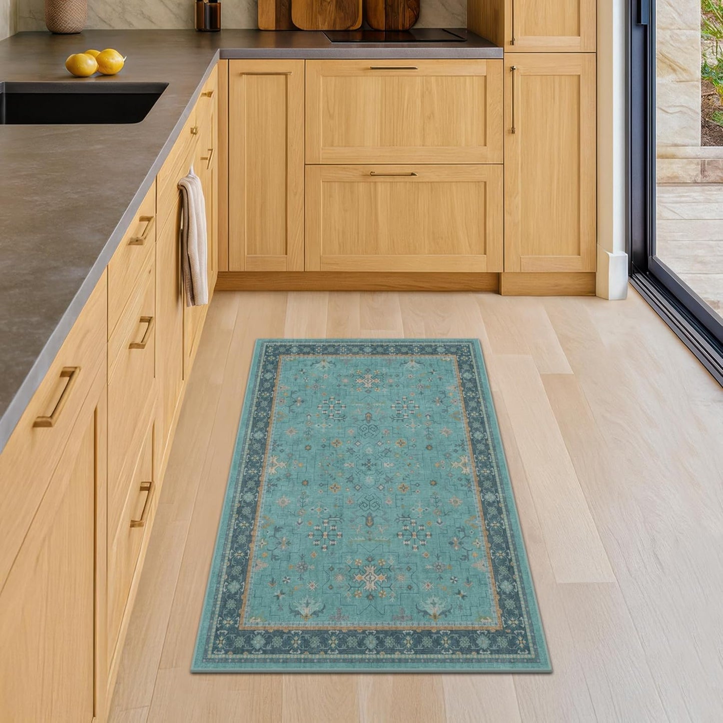 Skiennix 2x4 Washable Teal Throw Rug - Non-Slip Boho Floral Indoor Carpet for Entryway & Bathroom